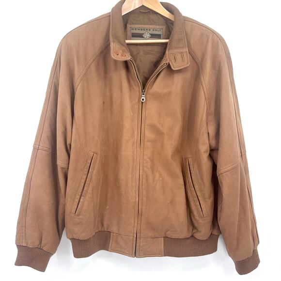 Classic Leather Aviator Bomber Jacket Soft Cowhide Members Only Brown Mens Large